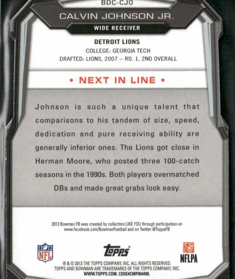 2013 Bowman #BDC-CJO Calvin Johnson Die Cut Prism #/99 - Image 2 of 2