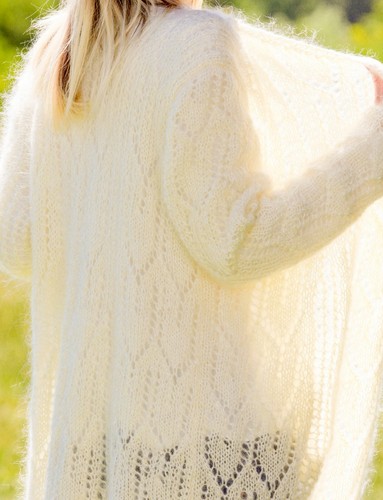 Ivory long mohair cardigan soft white sweater light hand knitted wrap SUPERTANYA - Picture 11 of 12