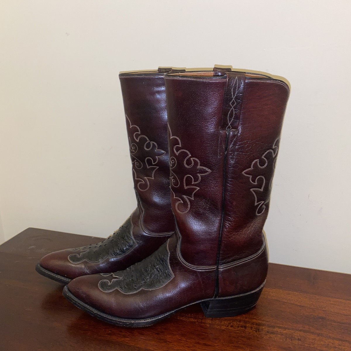 Bottes Cowboy Lucchese Vintage - Peau D'Autruche Découpée - Taille 9.5A (US) - État Très Correct