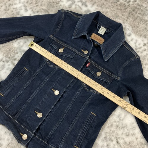 Levi’s Jean Jacket Girls Small Dark Wash Stretch Denim Button Snap Column Pocket - Picture 6 of 8