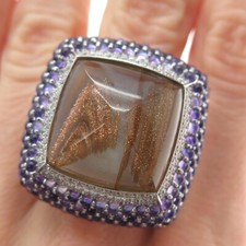 925 Sterling Silver Real Rutilated Quartz Amethyst  C Z Statement Ring Size 7