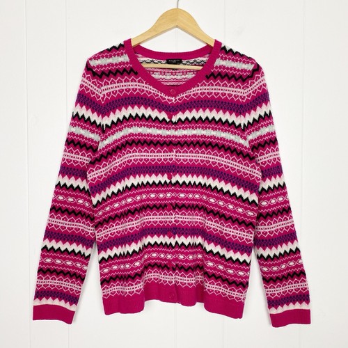 Talbots Cardigan Sweater Size LP PL Petite Large Fair Isle Lambswool Blend Pink