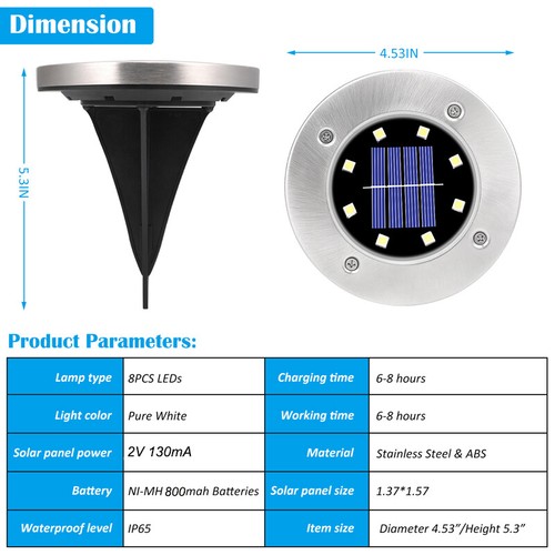 Solar Garden Flat Buried Light 8-LED Outdoor Disk In-Ground Light Garden Pathway - Picture 9 of 16
