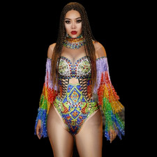 Rhinestones Tassel Bodysuit Nightclub Stage Costumes Stretch Fringes Leotard