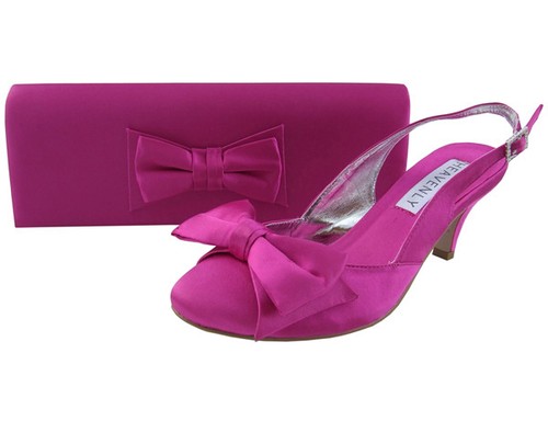 Ladies Wedding Party Low Heel Shoe Evening Shoes Diamante Fuchsia Pink  Satin NEW | eBay