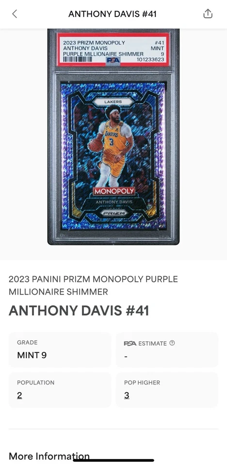 PSA 9 2023 PRIZM MONOPOLY ANTHONY DAVIS PURPLE MILLIONAIRE SHIMMER /50 #41 - Image 4 of 4