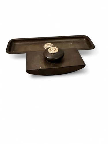 Antikes Tintenlöscher Set mit klassischem Medaillon - Metall Schreibtisch Tablett + Löscher - Bild 4 von 7