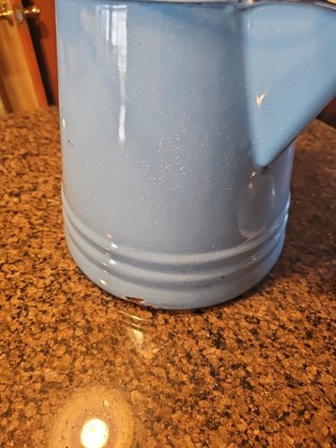 RARE Vintage Large Robin Egg Blue Enamelware Kettle 11.5x10” Wooden Wired Handle - Picture 16 of 19