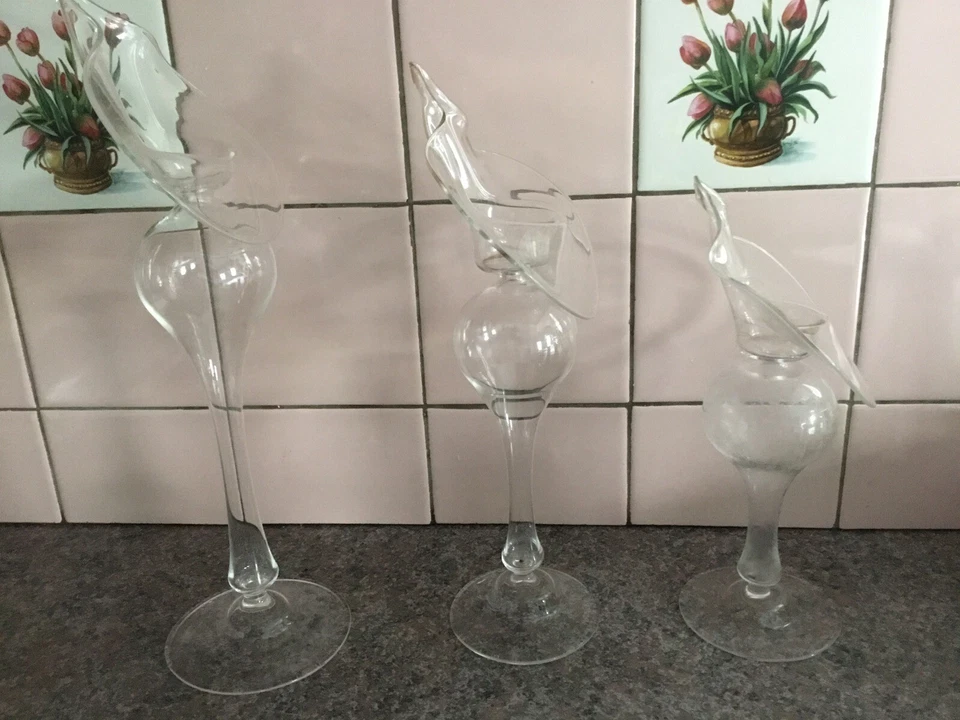 Cascade Candle Stick Holders Clear Glass Hand Blown Big E Set Of Three - Image 2 of 4