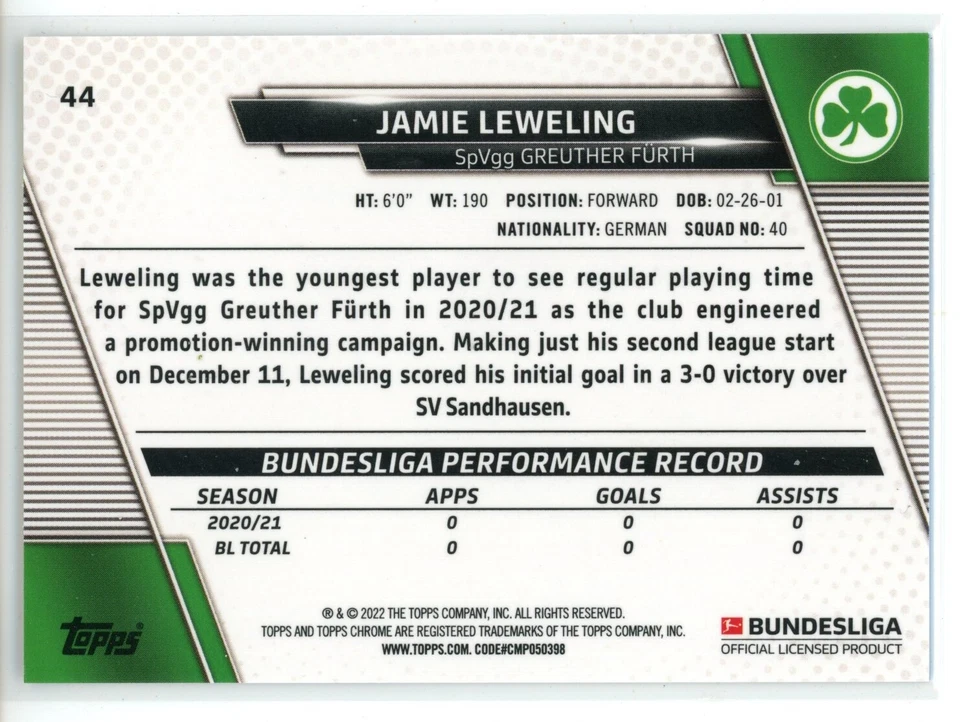 2021-22 Topps Chrome Sapphire Bundesliga 44 Jamie Leweling (Greuther Furth) - Image 2 of 2