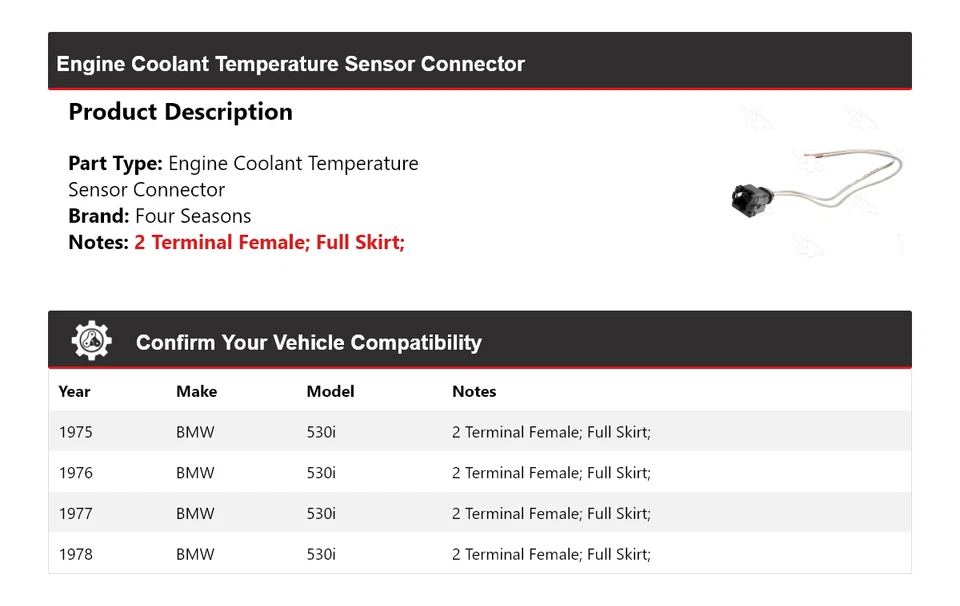 For 1975-1978 BMW 530i Engine Coolant Temperature Sensor Connector 4 Seasons - Image 2 of 4