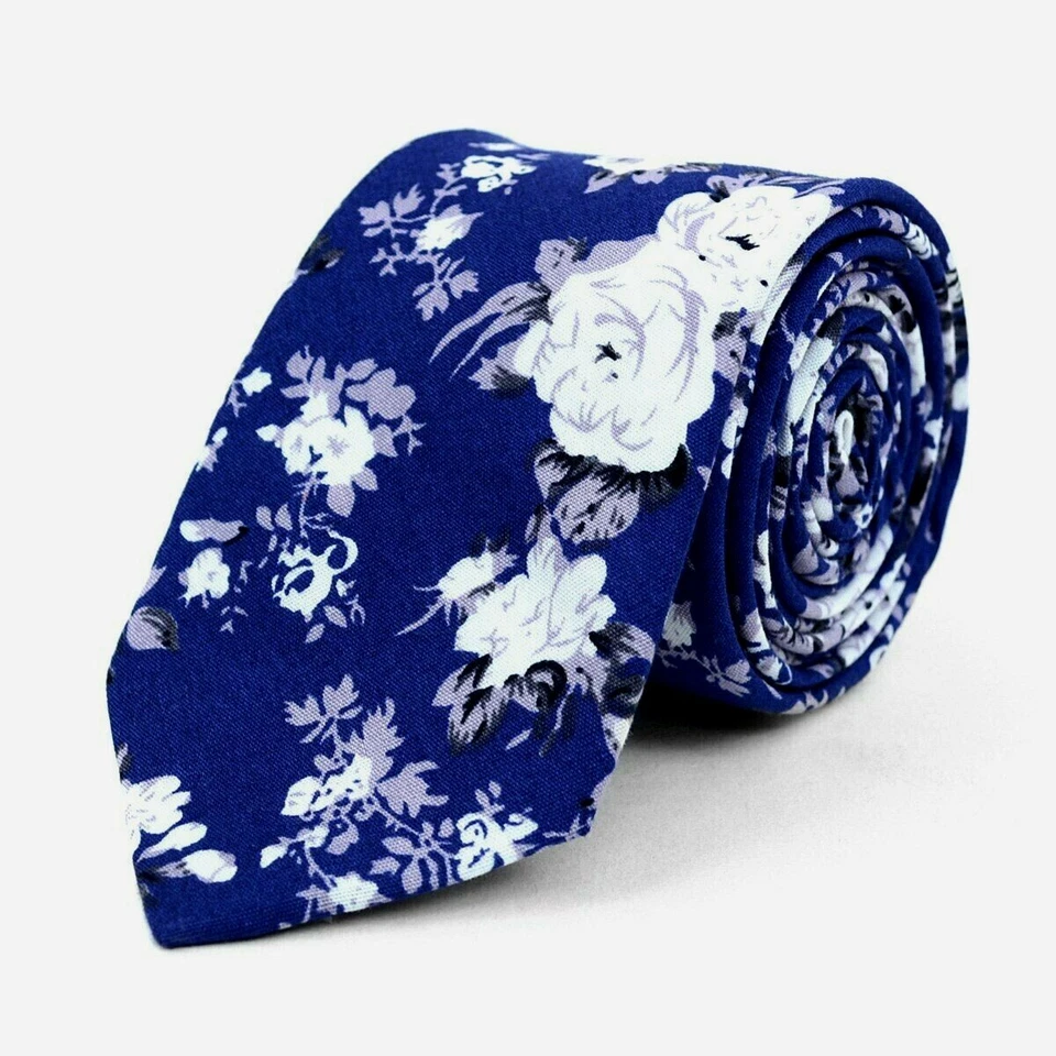 Corbata ajustada de algodón floral azul blanco Foto 2 de 4