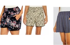 Three Dots Women's Relaxed Printed Shorts Smocked Waist Slash Pockets