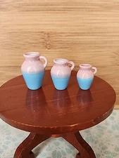 Dollhouse Miniature Ceramic Pitcher Vase Set Lot of 3 in Glazed Pink And Blue 