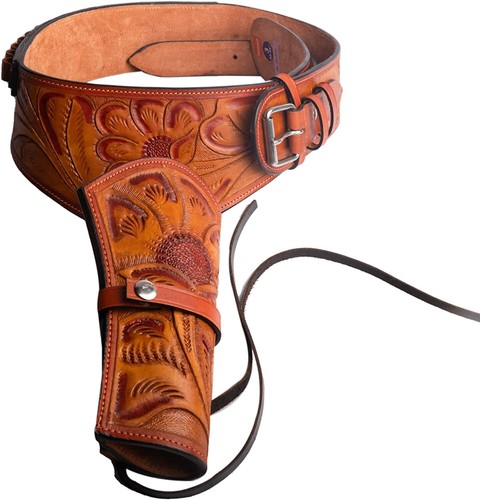 WESTERN LEATHER COWBOY TOOLED STYLE SINGLE DROP RIG GUN HOLSTER & GUN BELT - Picture 8 of 22