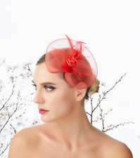 Red Feather Mesh Fascinator Hat Woman Headpiece Wedding Cocktail Formal Party