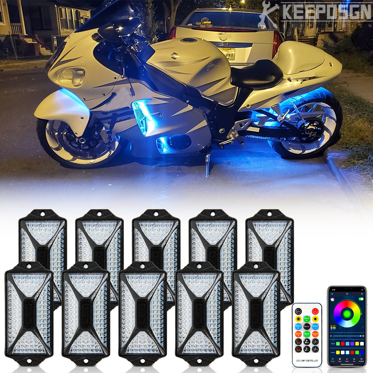 For Suzuki Hyabusa GSX 1300R 1200R 10 Pods RGB LED Rock