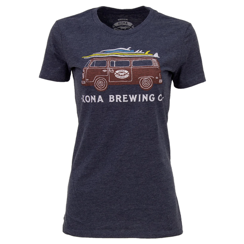 T-shirt piccola donna Kona Brewing Co rosa vintage con furgone/autobus e tavola da surf