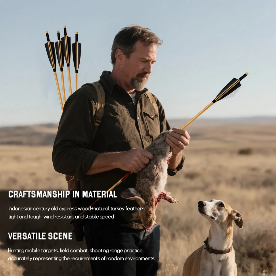 12PCS Wooden Arrows 32" Arrows Natural Feathers Traditional Archery - Image 3 of 4