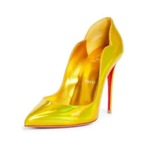 100% AUTHENTIC NEW WOMEN LOUBOUTIN HOT CHICK 100 YELLOW PATENT PUMP/HEEL US 8