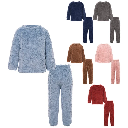 Kids Boys Girls Pajamas Set Solid Color Tops With Pants Round Neck Flannel Suit - Foto 4 di 72
