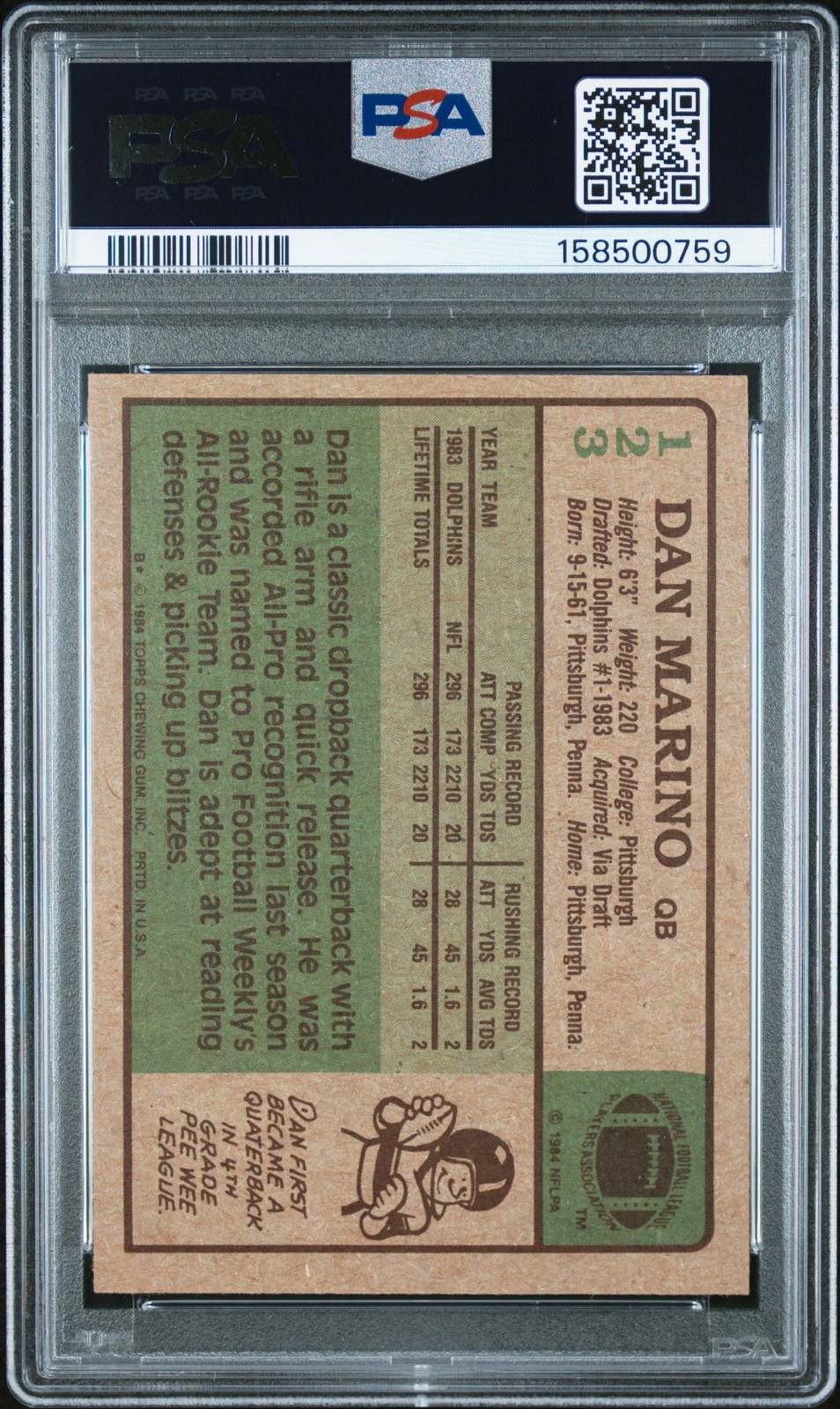1984 TOPPS #123 DAN MARINO PSA 8 PD view 2