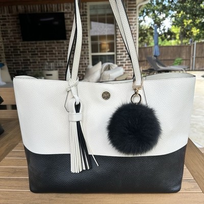 Tory Burch XL Color Block Perry Black/White Pebbled Leather Tote Fuzzy Dangle