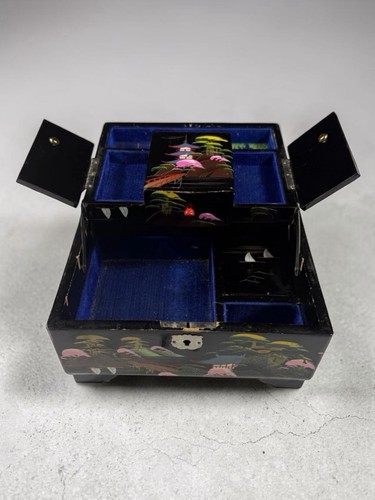 Vintage Japanese Black Lacquer Music Jewelry Box Mt Fuji Pagoda MOP Inlay Works