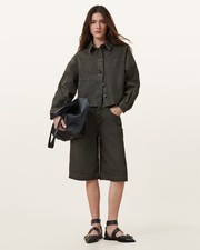 AllSaints Women's Louie Long Shorts Green Denim Bermuda Cotton Size UK W30