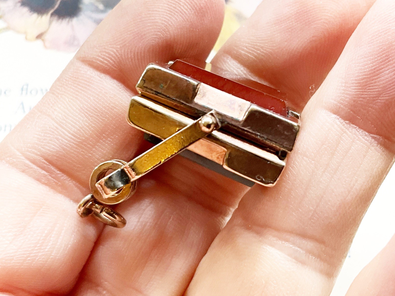 Antique Gold Filled Spinner Locket Watch Fob Pendant with Bloodstone & Carnelian