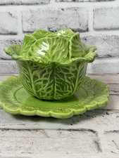 1977 Ceramic Hand Painted Holland Mold Green Cabbage Bowl with lid & Plate