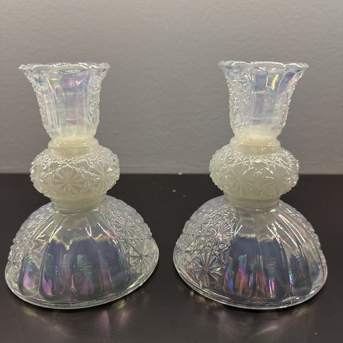 Fenton Opalescent Iridescent- Daisy & Button Candlestick Candle Holder Pair 5IN - Picture 2 of 4