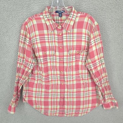 Chaps Top Womens 1x Plus Flannel Pink Orange Button Up Long Sleeve 