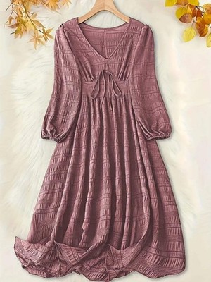 1XL-5XL Übergröße Damen Freizeitkleid mit strukturierten Laternenärmeln und V-Ausschnitt