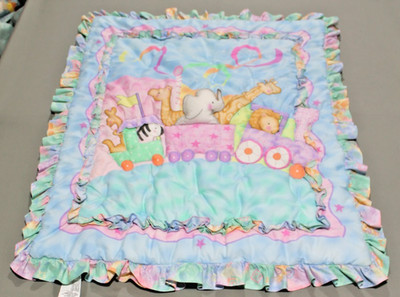 Vintage 1990s Baby Crib Blanket Pastel Animal Train Ruffle Edge Nursery Quilt