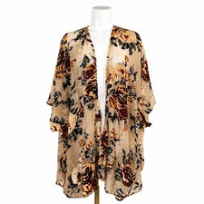 Velvet Burnout Floral Kimono Cardigan Women OS Sheer Boho Duster Gold Accent