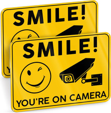 2 PC Smile Your on Camera Signs - 10X7 Aluminum Video Surveillance Signs Outdoor