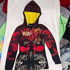  VINTAGE Crystal Rock Women's S Full Zip  Hoodie Black Red Gold Paisley Logo