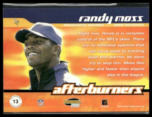 2001 Pacific Invincible #13 Randy Moss Afterburners #/2000 Minnesota Vikings - Picture 2 of 2
