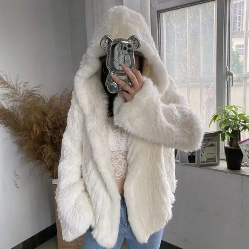 Chaqueta abrigo con capucha de piel de conejo real tejido tejido de punto para mujer - Imagen 39 de 44