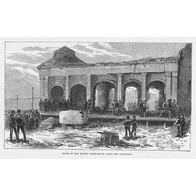 WOOLWICH ARSENAL Ruinen nach Explosion der Raketenfabrik Antikdruck 1883