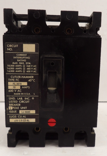 C-H FC3070 70A 600V , 3POLE , LUGS, USED BREAKER