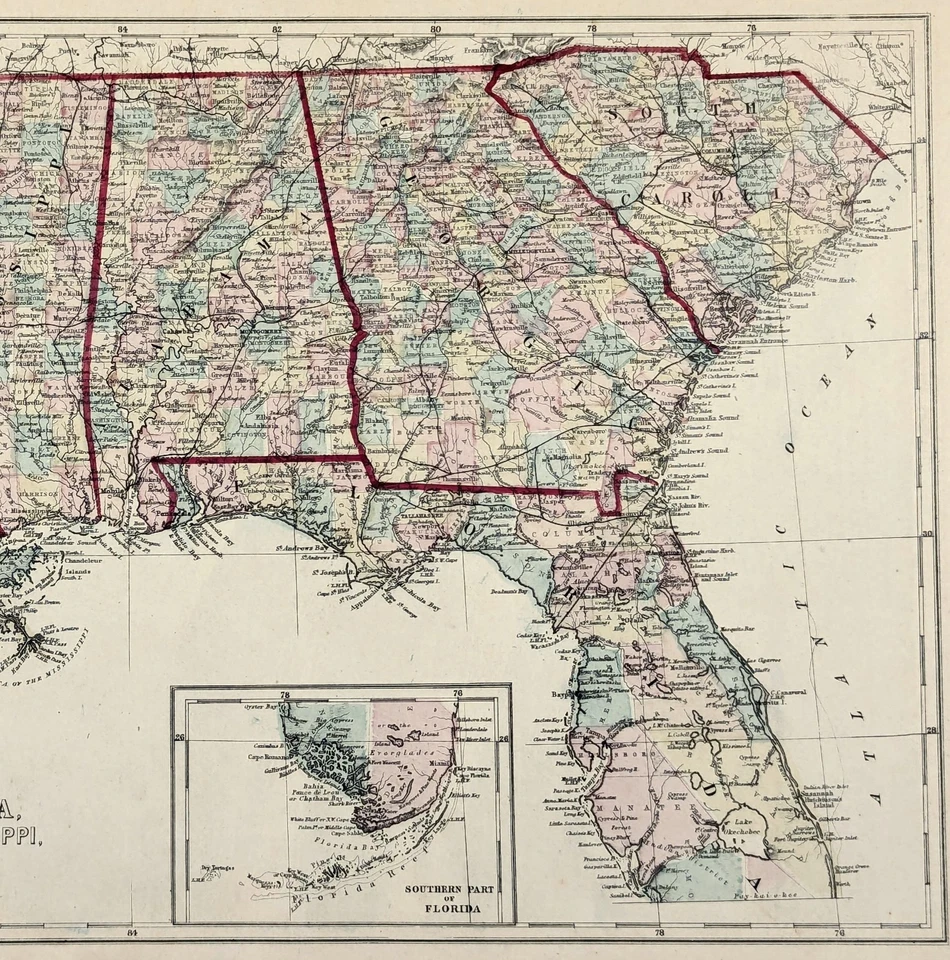 1875 Map  SOUTHERN STATES - Original - GEORGIA  SOUTH CAROLINA  LOUISIANA - Image 3 of 3