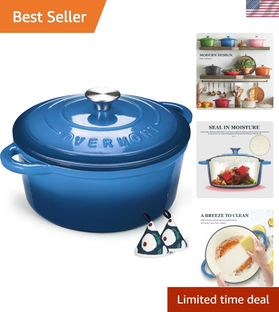 Elegant 7QT Enameled Cast Iron Dutch Oven with Lid & Potholders in Sapphire Blue