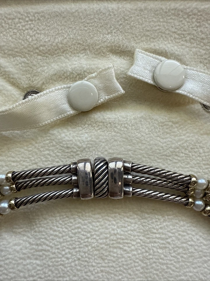 Ожерелье с жемчугом David Yurman DY из чистого серебра 14 карат желтое золото 3 троса 3 мм 15 дюймов - Изображение 4 из 4