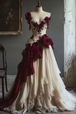 Romantic Rose Appliques Victorian Prom Dress Red White Corset Lace Pleated Gown