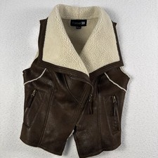 Faux Brown Suede Moto Vest Y2K Asymmetrical Zip Boho Festival Sherpa Lined SM