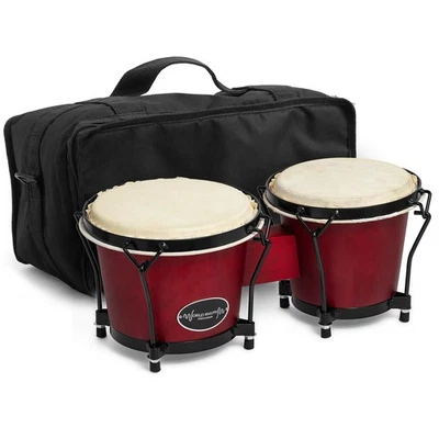 World Rhythm 6” & 7” Beginners Oak Bongo Drums - Wine Red Bongos with Padded Bag