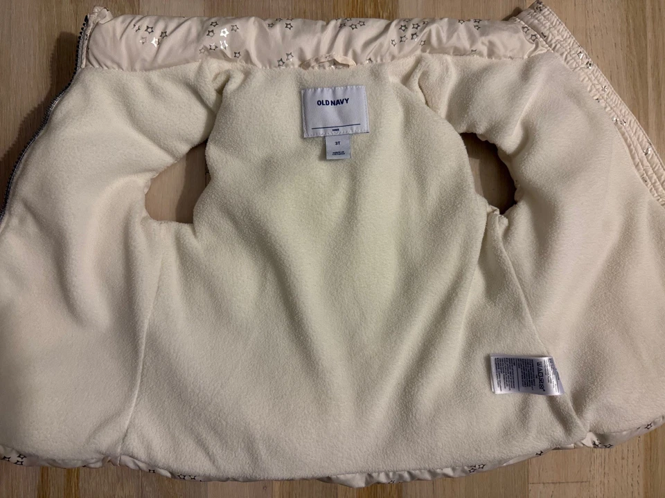 CHALECO ACOLCHADO ANTIGUO AZUL MARINO Niñas 3T Libre de Escarcha ~ Cremallera Forrado de Vellón Blanco/Plateado Estrellas Foto 3 de 4