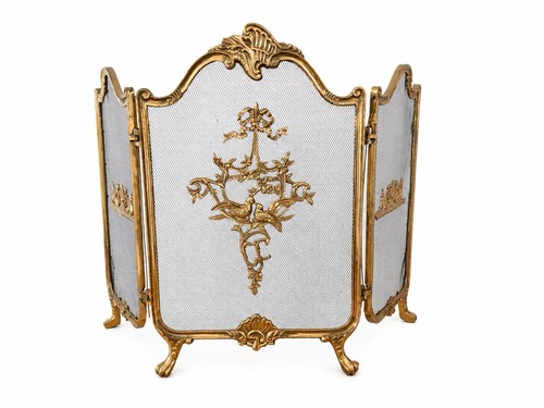 Vintage Brass French Provincial Rococo Louis XVI Three 3 Panel Fireplace Screen